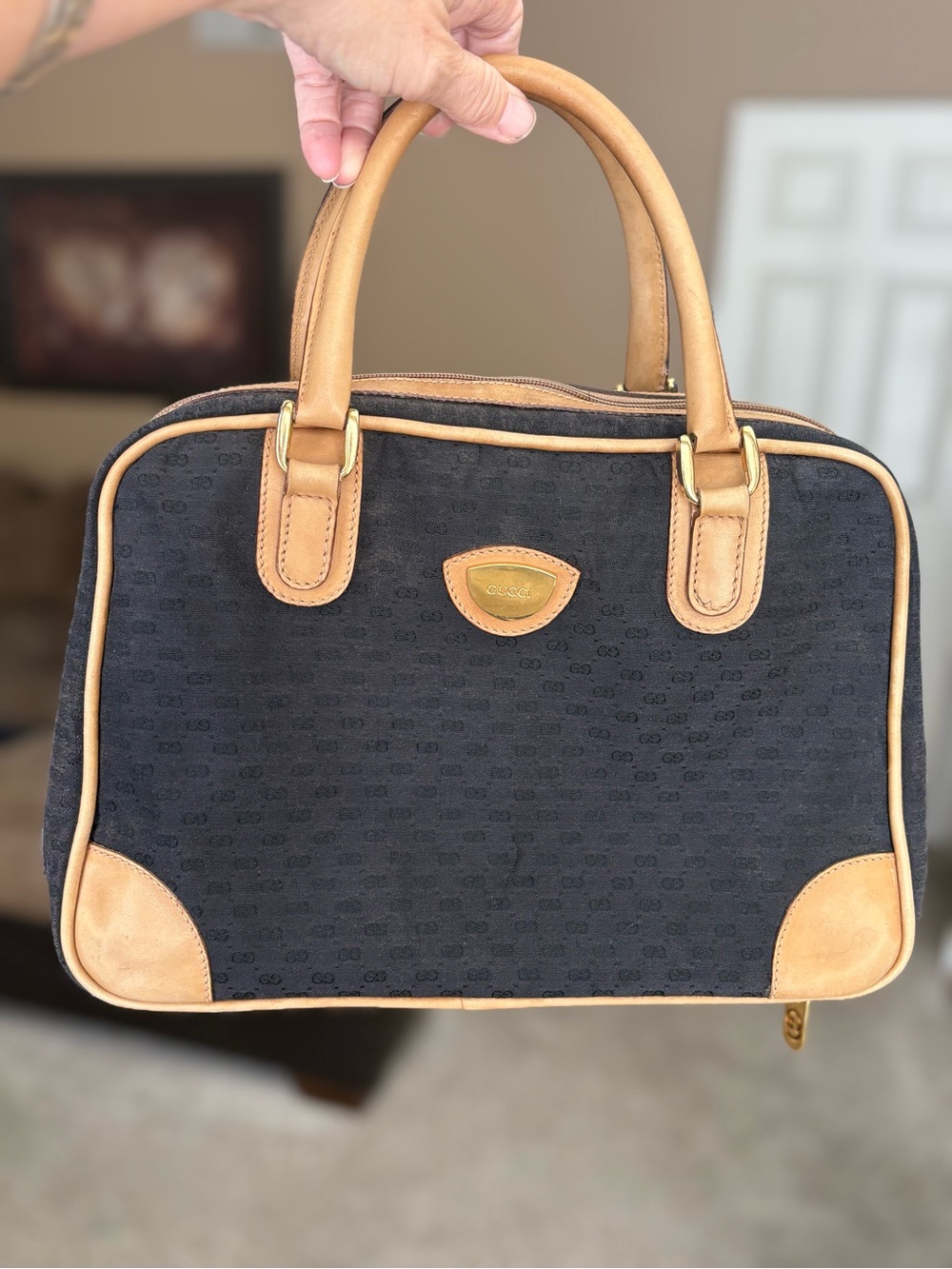 Gucci Black Canvas with Tan Leather Trim Top-Handle Bag